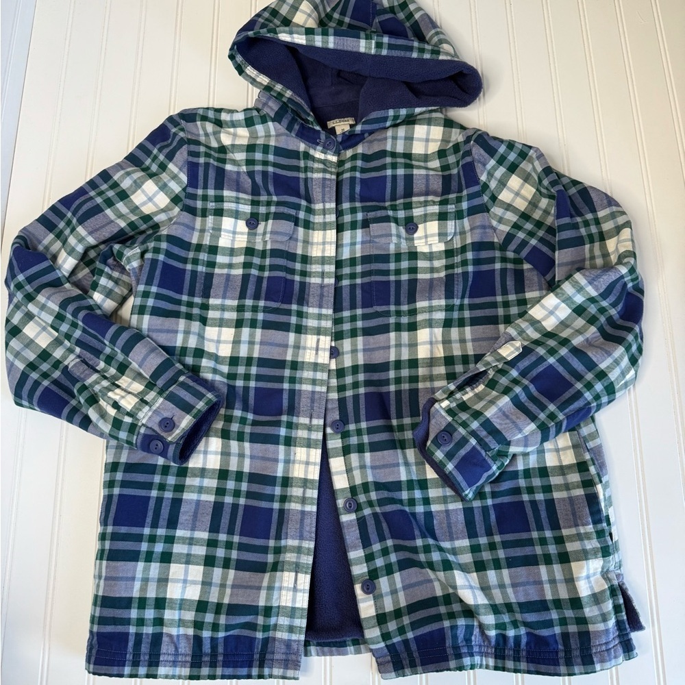 L.L. Bean Women’s Medium Scotch Plaid Flannel Fleece Lined Hoodie Button 1666